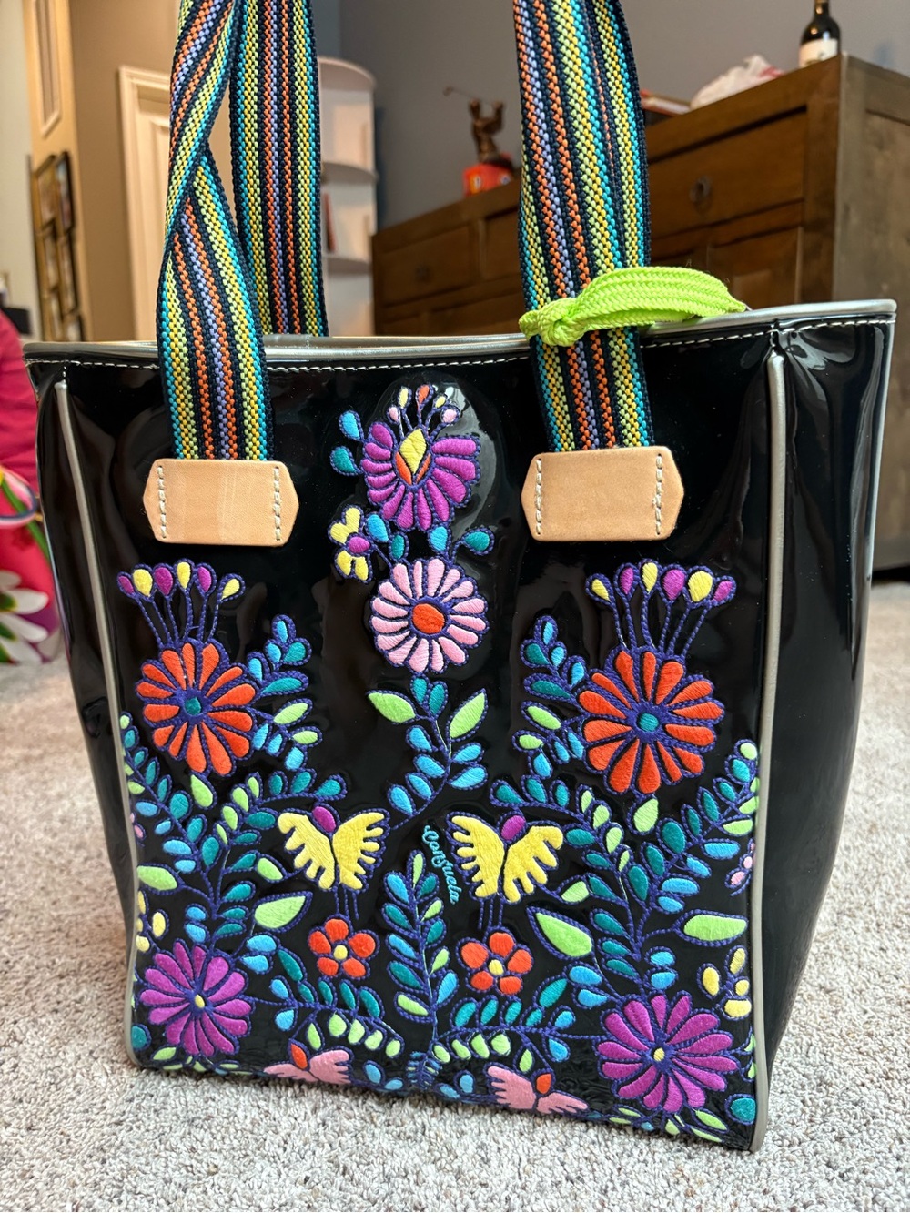 Consuela Black Patent Tote with Multicolor Floral Embroidery and Striped Handles